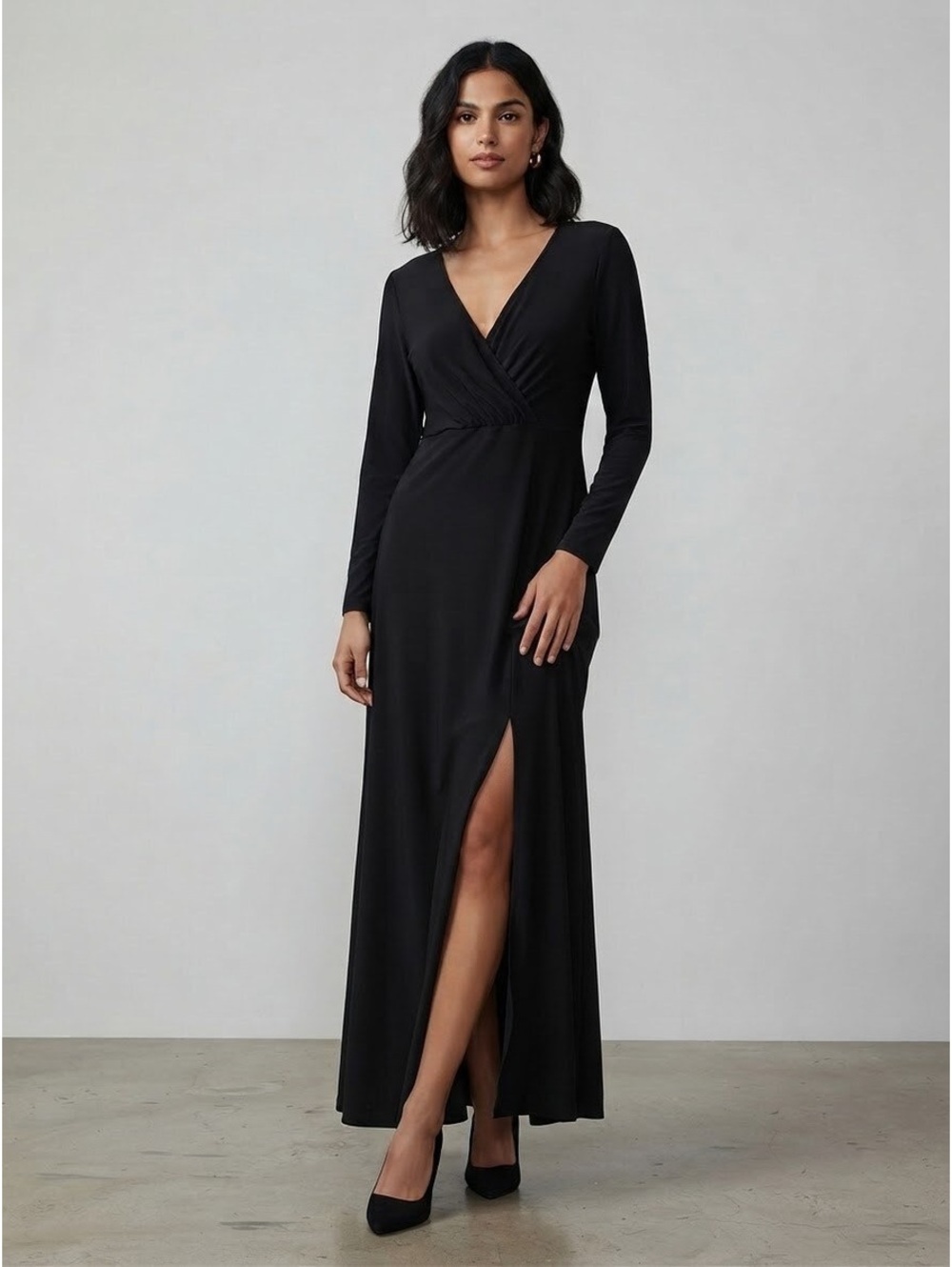 Long Sleeve Faux Wrap Maxi Dress with Slit Size Large